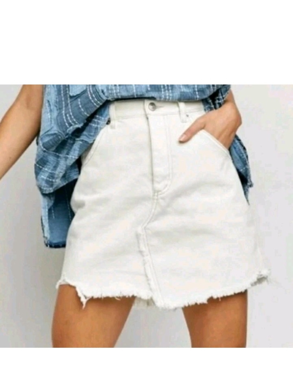 Free People Cream Frayed Hem Denim Mini Skirt